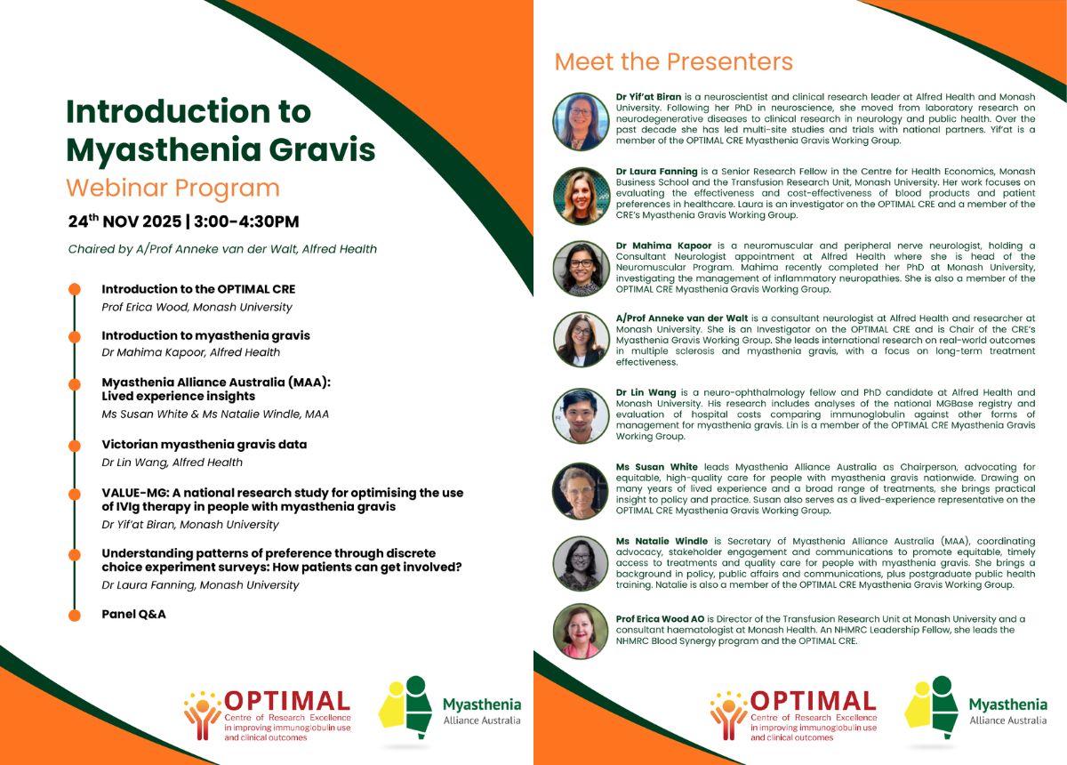 Webinar program for the “Introduction to Myasthenia Gravis” event on 24 November 2025, featuring speaker sessions and research topics.