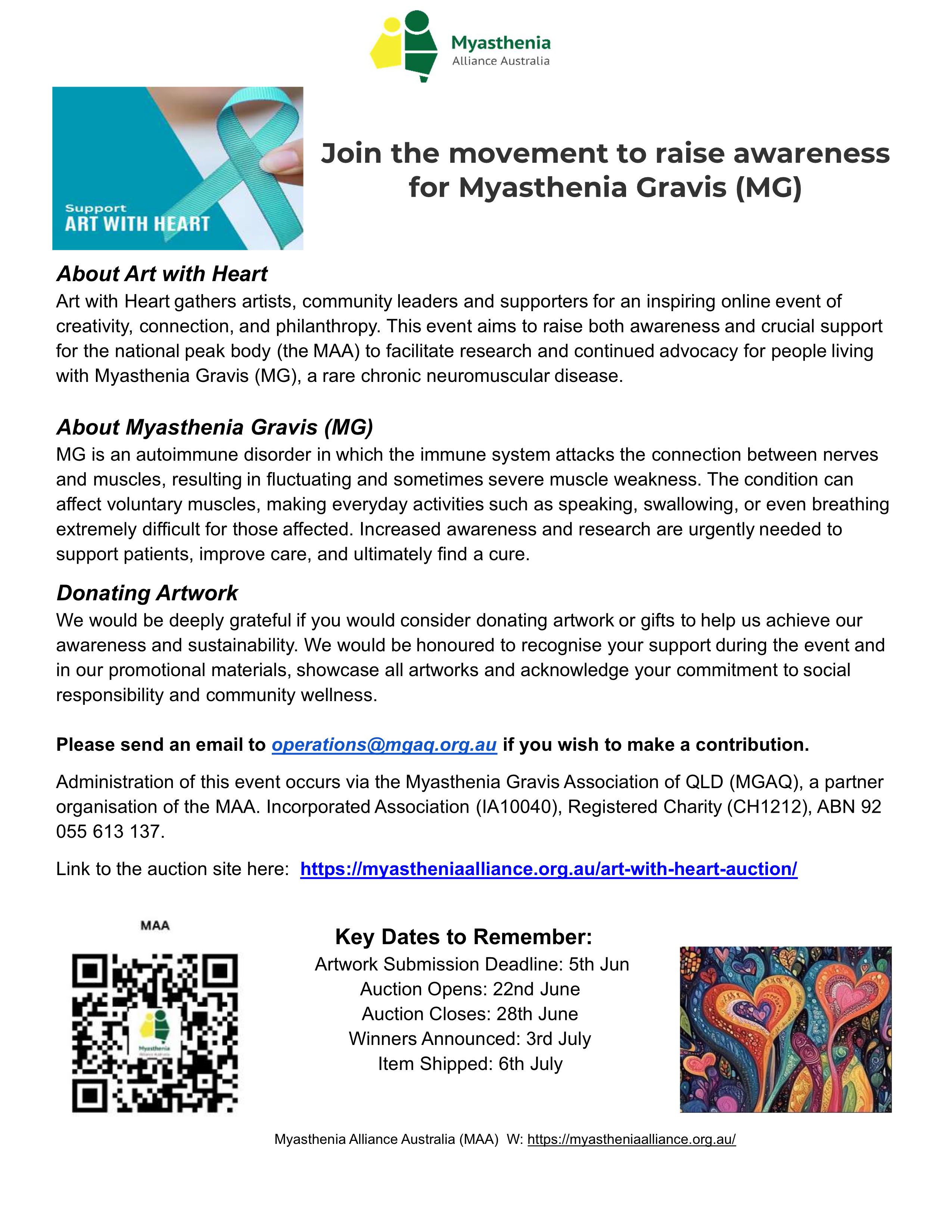 Art With Heart flyer promoting myasthenia gravis awareness auction and artwork donations