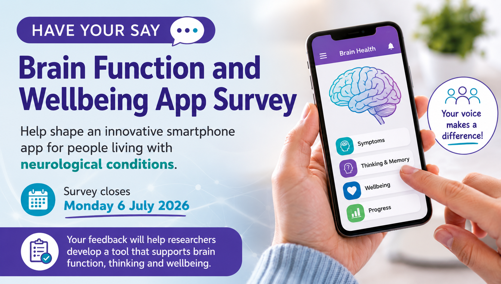 Brain Function and Wellbeing App Survey inviting people living with neurological conditions to help shape a new smartphone app.
