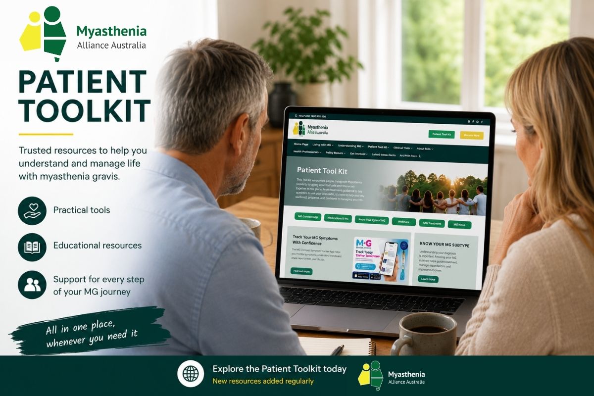 A couple using the Myasthenia Alliance Australia Patient Toolkit on a laptop to access trusted resources, educational webinars and practical tools for living with myasthenia gravis.